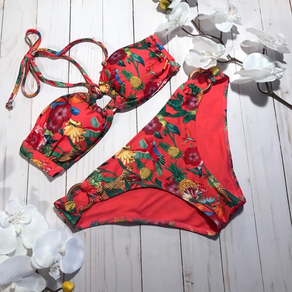 Hot Coral Pink Tropical Print 2 pc Bathing Suit 8 - Picture 5 of 14